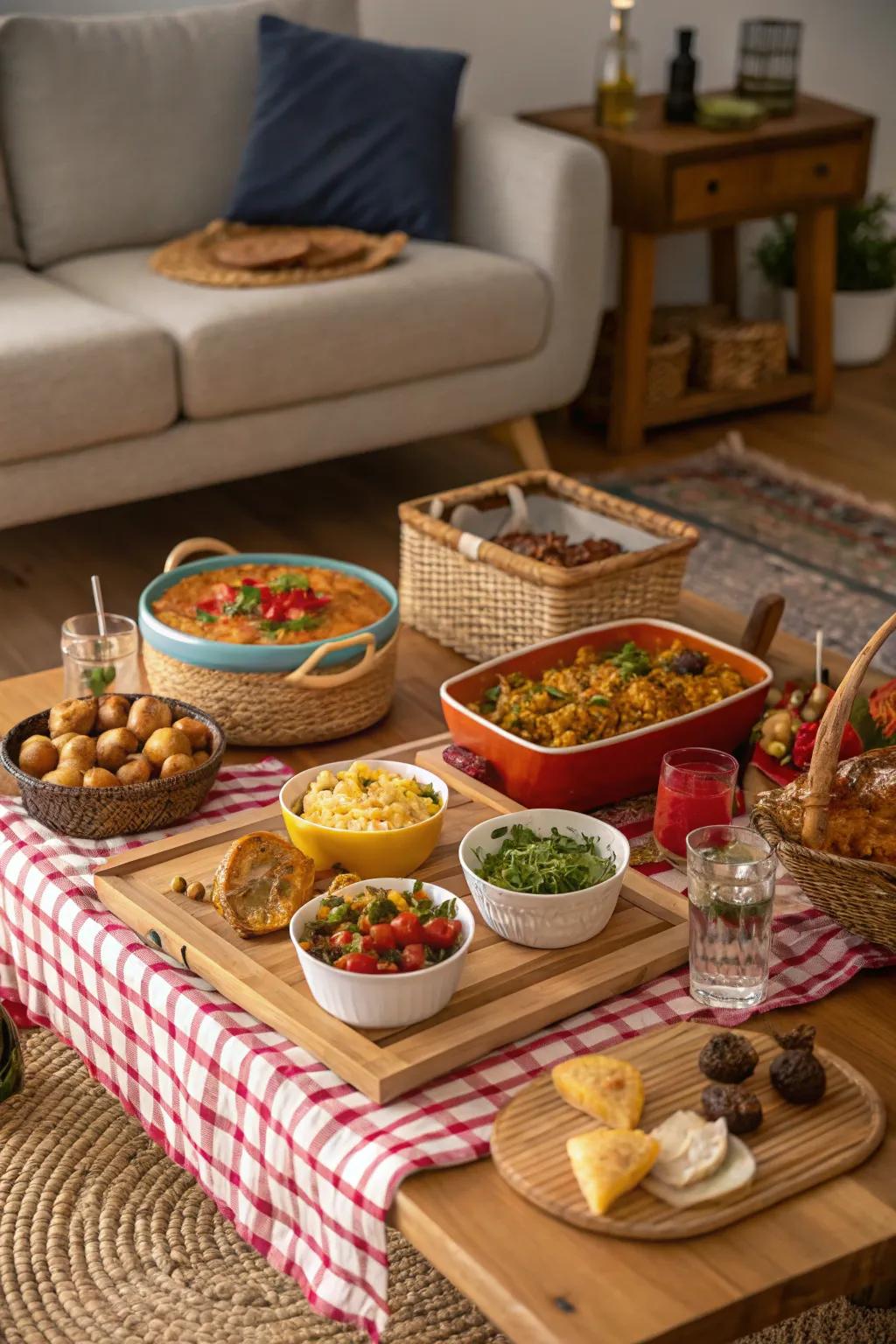 An inside picnic with dishes from a global cuisine provides a worldwide panache.