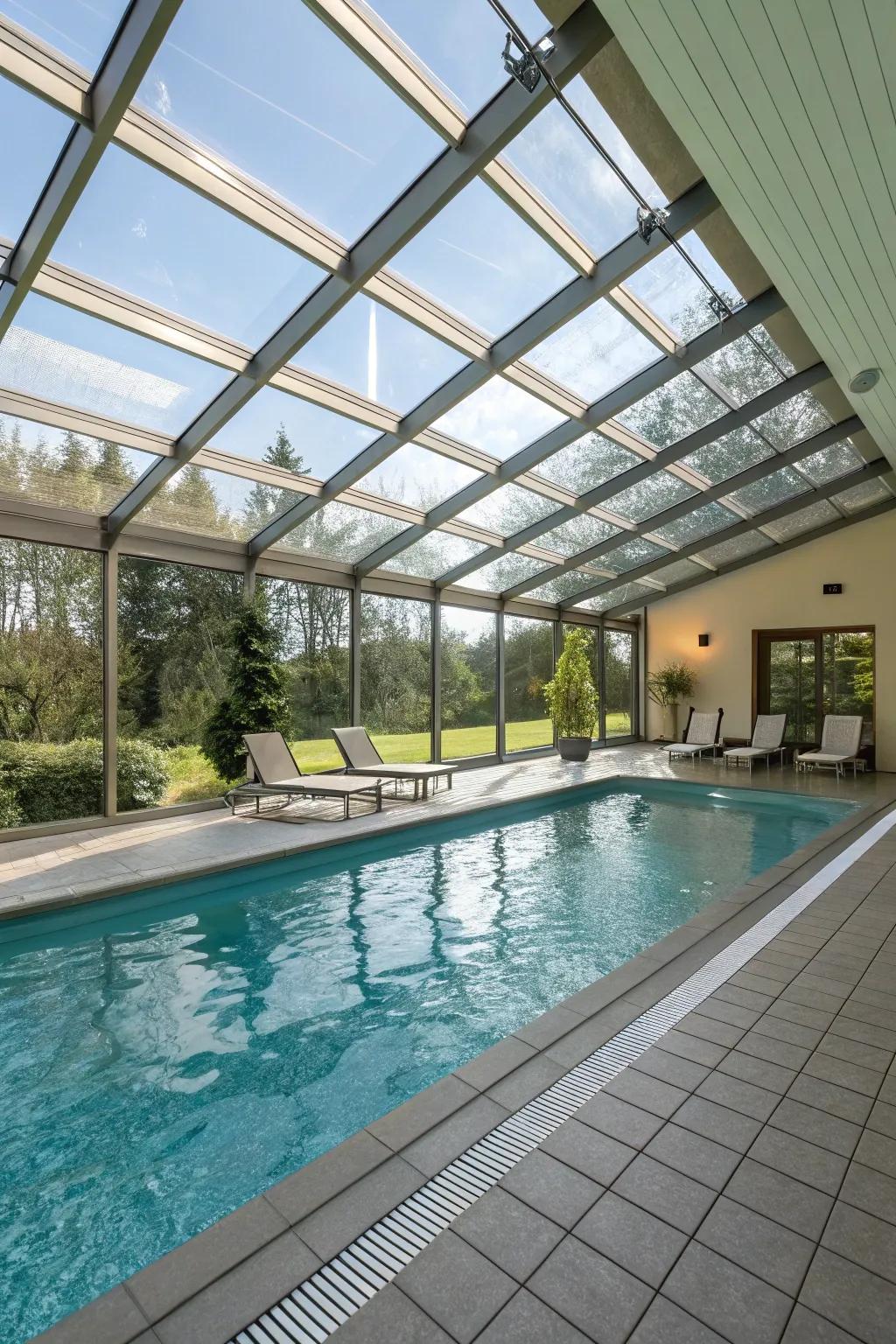 An indoor pool featuring a movable covering for adaptable usage
