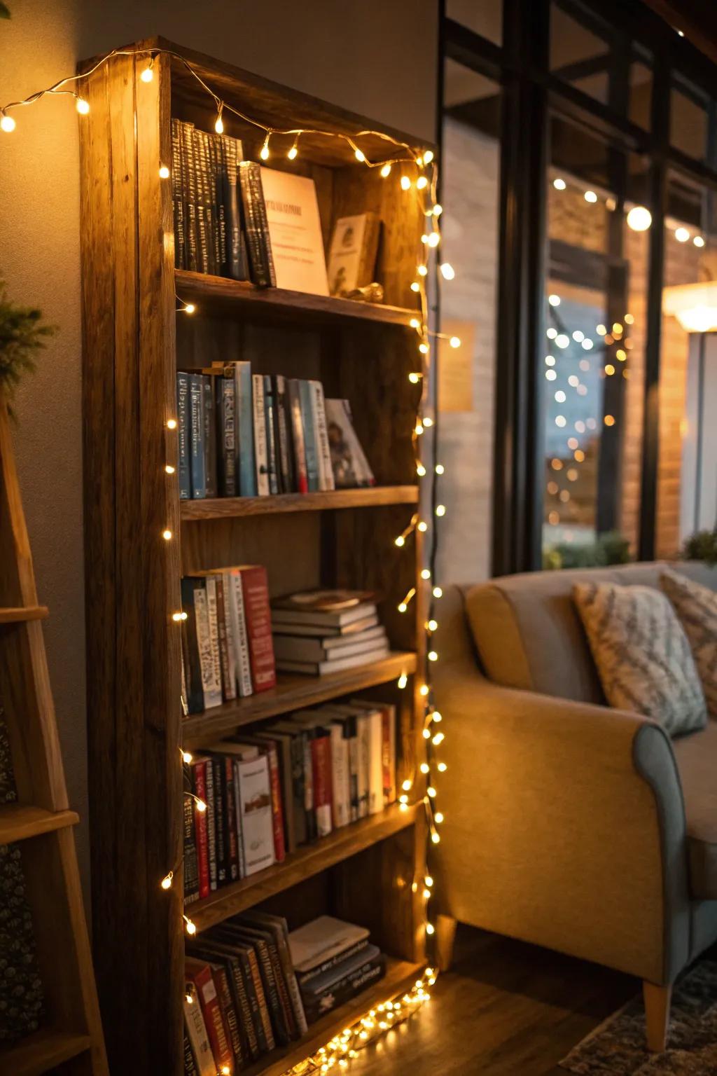 With fairy lights, accentuate your bookshelf and fashion a snug nook.