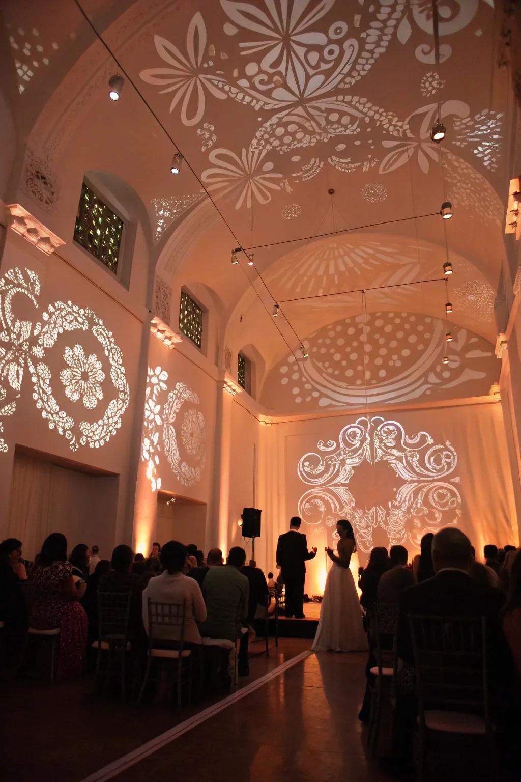 Pattern projections customizing the wedding space with flair.