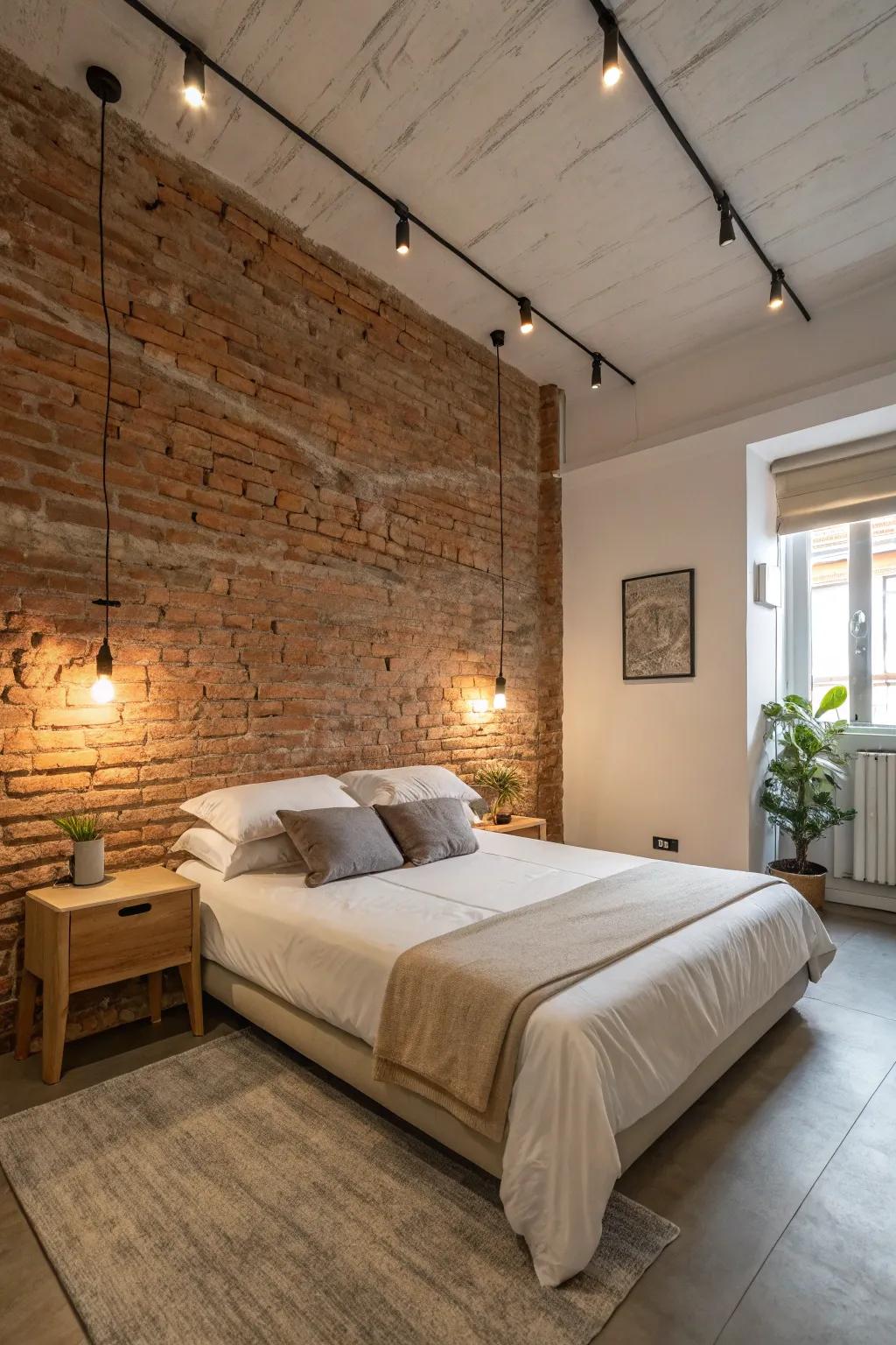 A minimalist bedroom with an exposed brick wall, introducing warmth and depth to the space.