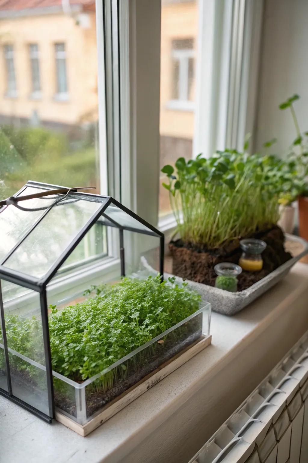 A miniature greenhouse on your window sill imparts an attribute of allure and verdure.
