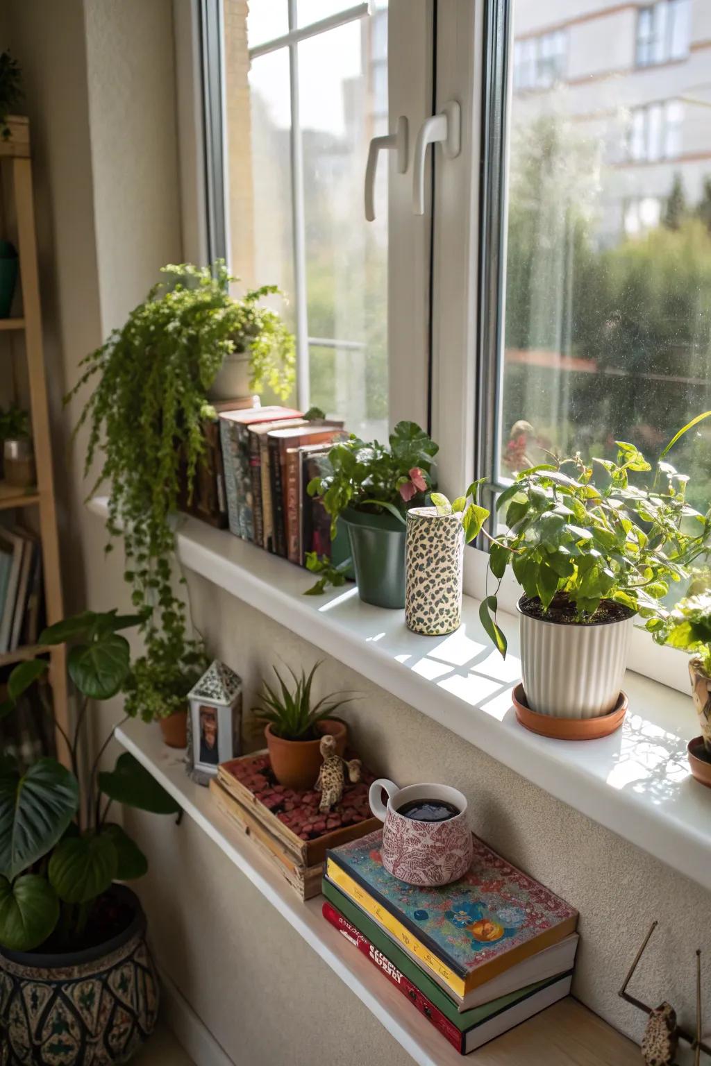 A suspended shelf augmentation upon a window ledge, furnishing supplementary storage and visual exhibit expanse.