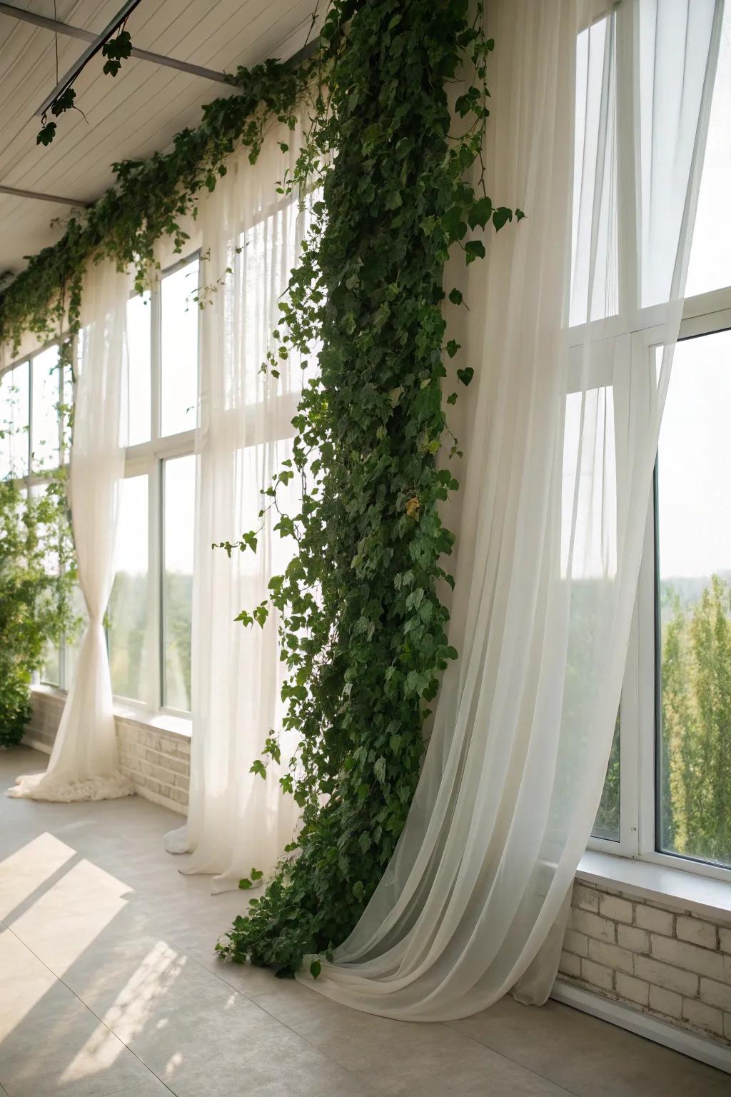 A fairy tale botanical wall harmonized with ethereal window coverings, engendering a dreamy atmosphere.