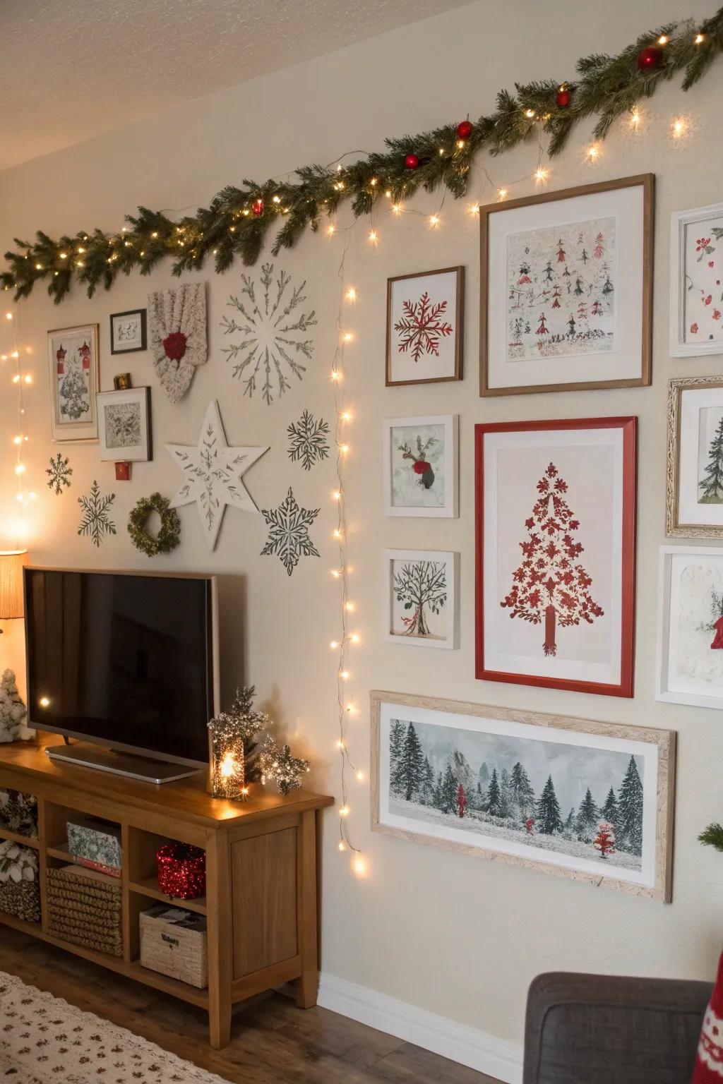 Seasonal art enhances the winter vibe.
