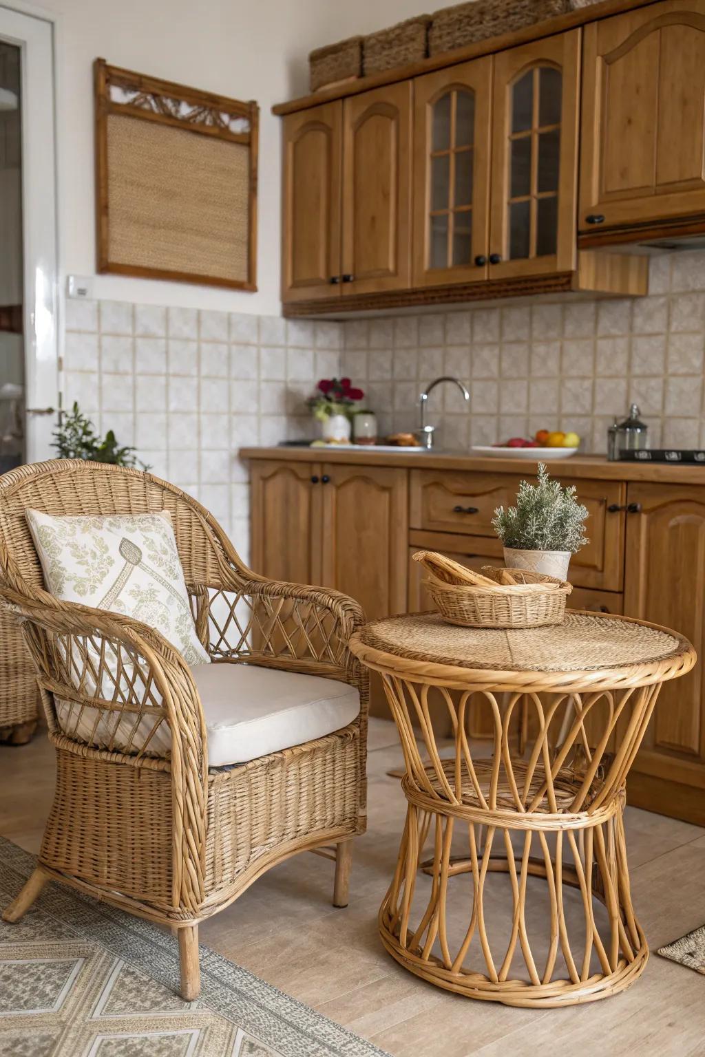 Wicker elements enhance a comfortable and inviting vibe.