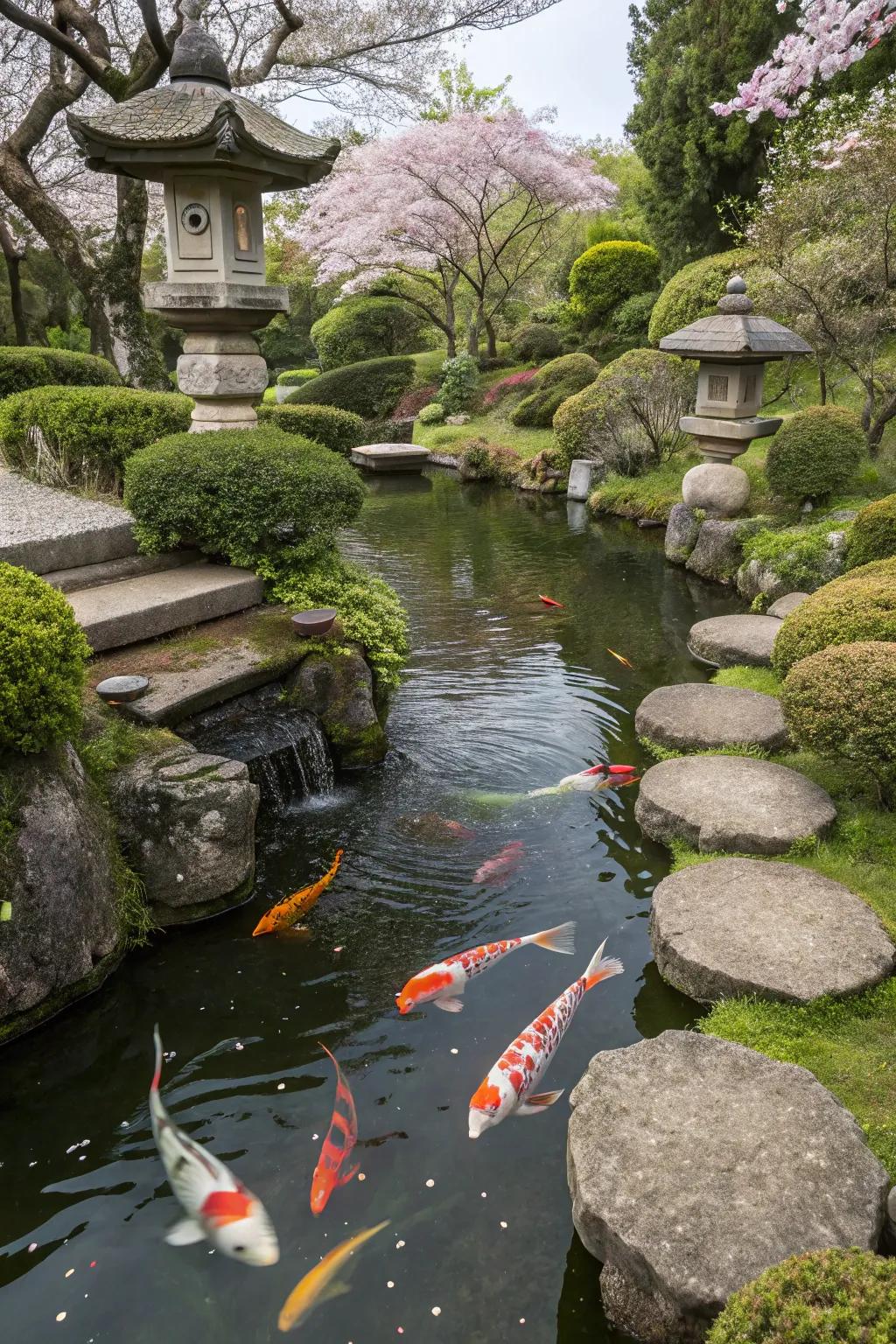 A vibrant koi water basin contributing vitality to a Japanese garden.