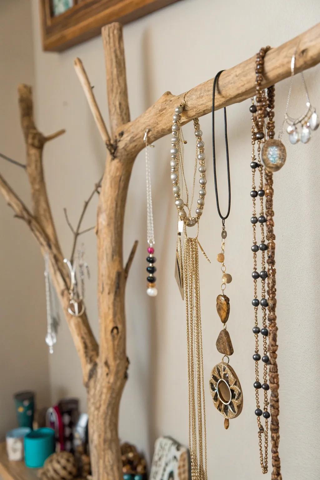 A quirky suspended branch jewelry arrangement