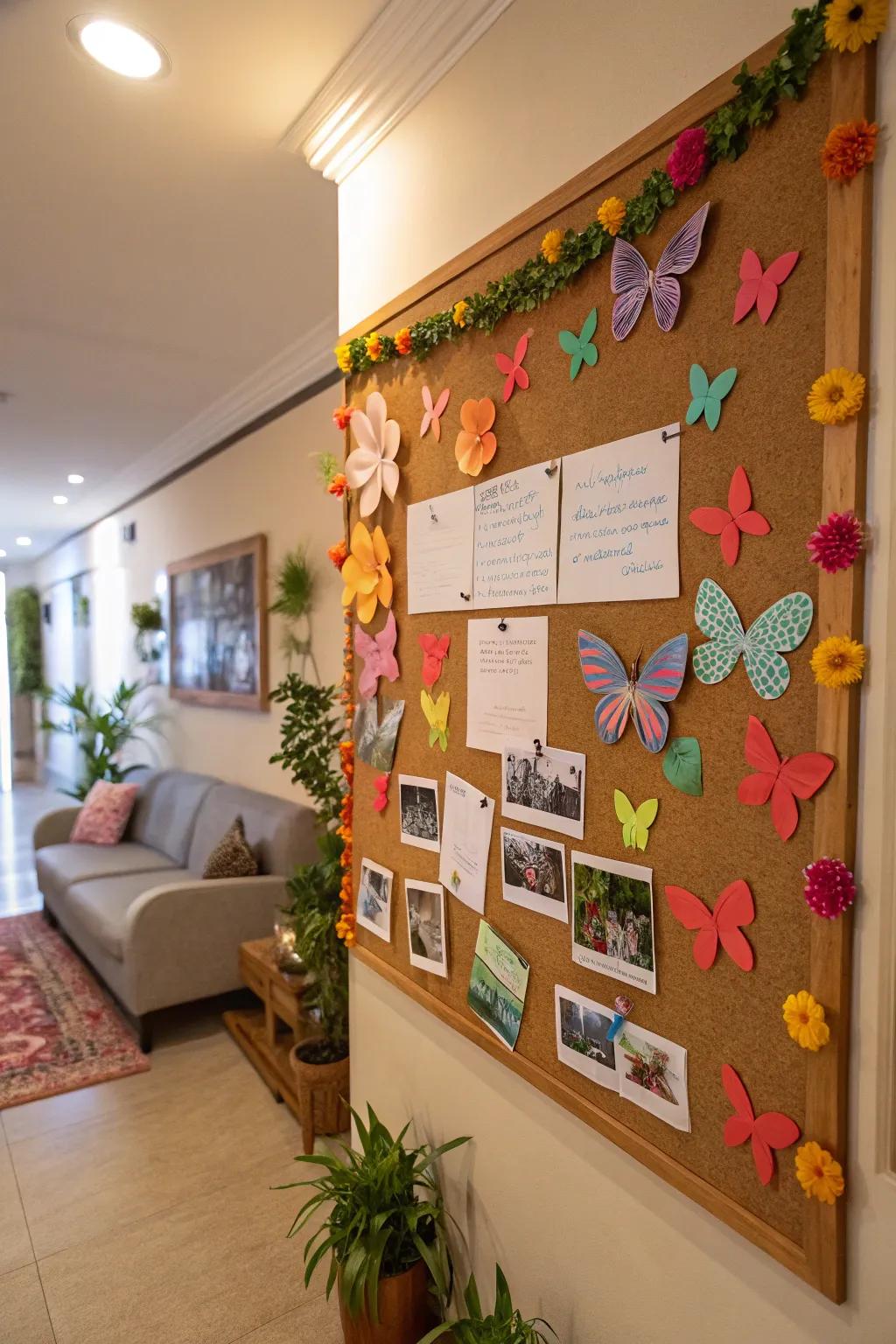 A fanciful bulletin board featuring butterflies and blossoms.