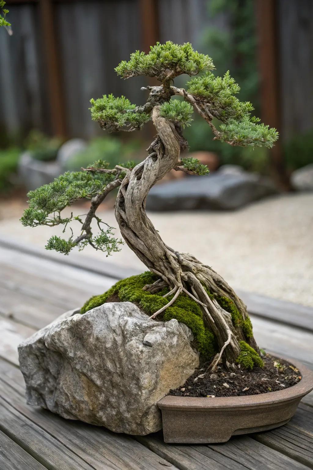 A rooted-over-stone juniper bonsai accentuating nature’s strength upon a natural stone.