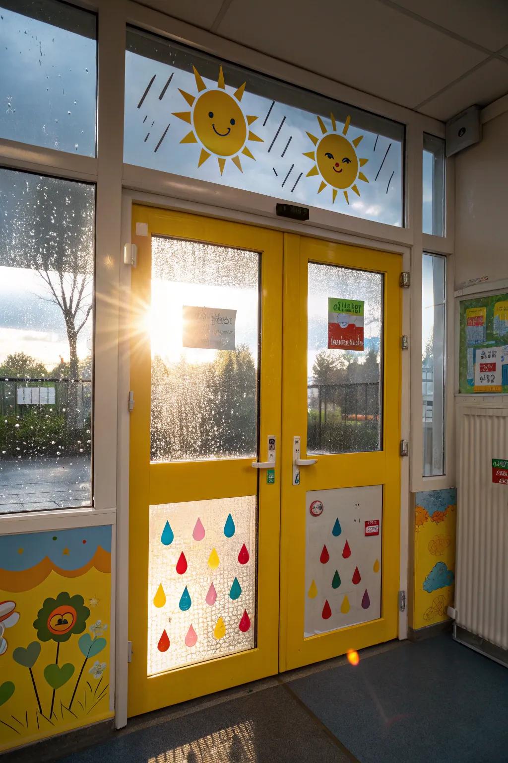 A kindergarten portal with atmospheric patterns encompassing solar illumination and precipitation.