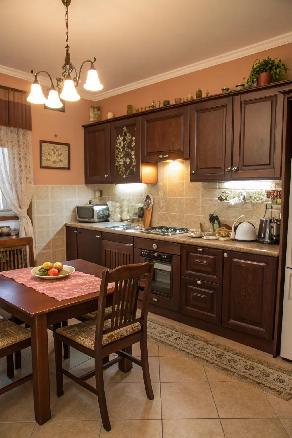 Abundant chocolate hues cultivate an intimate and comfortable culinary ambiance.