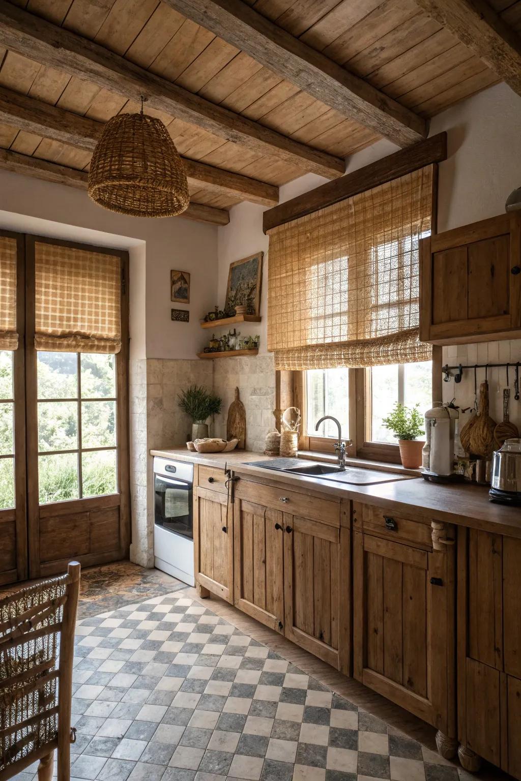 Rattan shades introduce texture and cordiality to the cooking space.