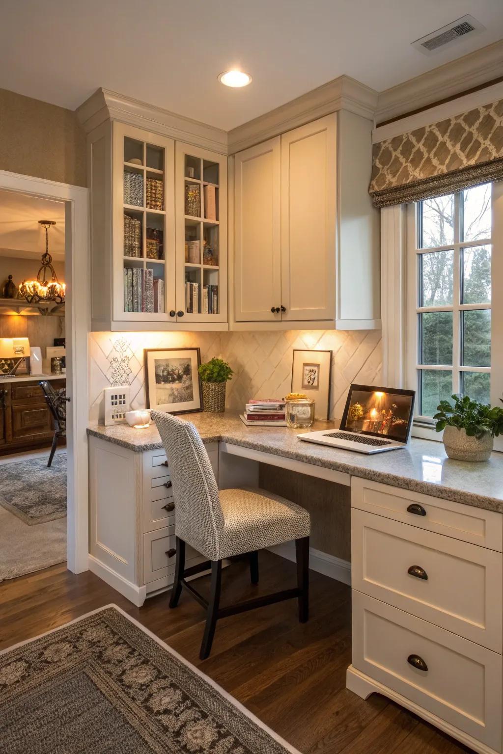 A cozy and functional desk area crafted in a kitchen corner space.