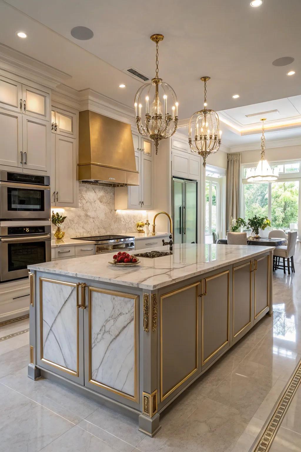 A glamorous island accentuated by reflective highlights for a polished touch.