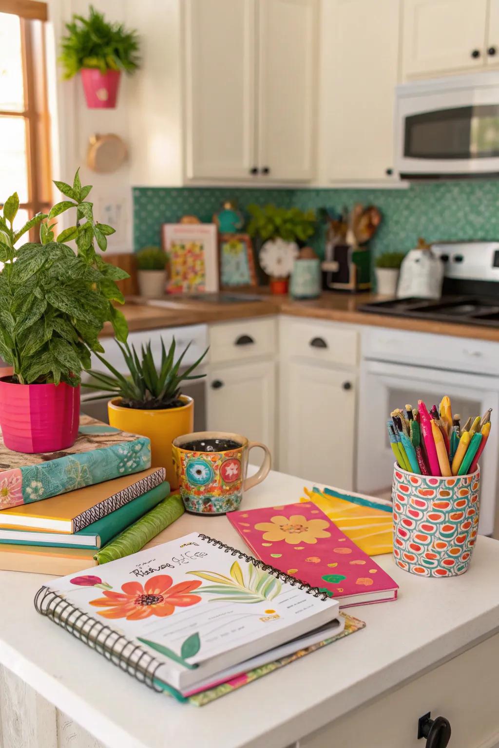 An infusion of vibrant shades alters a kitchen office into a vibrant workspace.