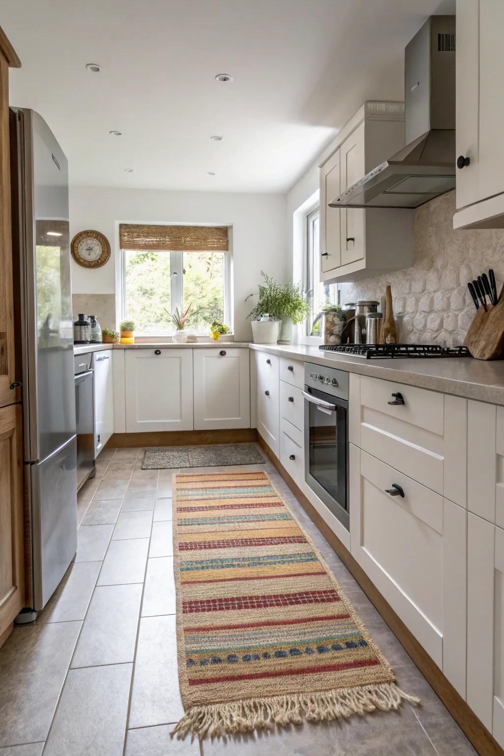 Easy-clean rugs amalgamate practicality with style within active kitchens.
