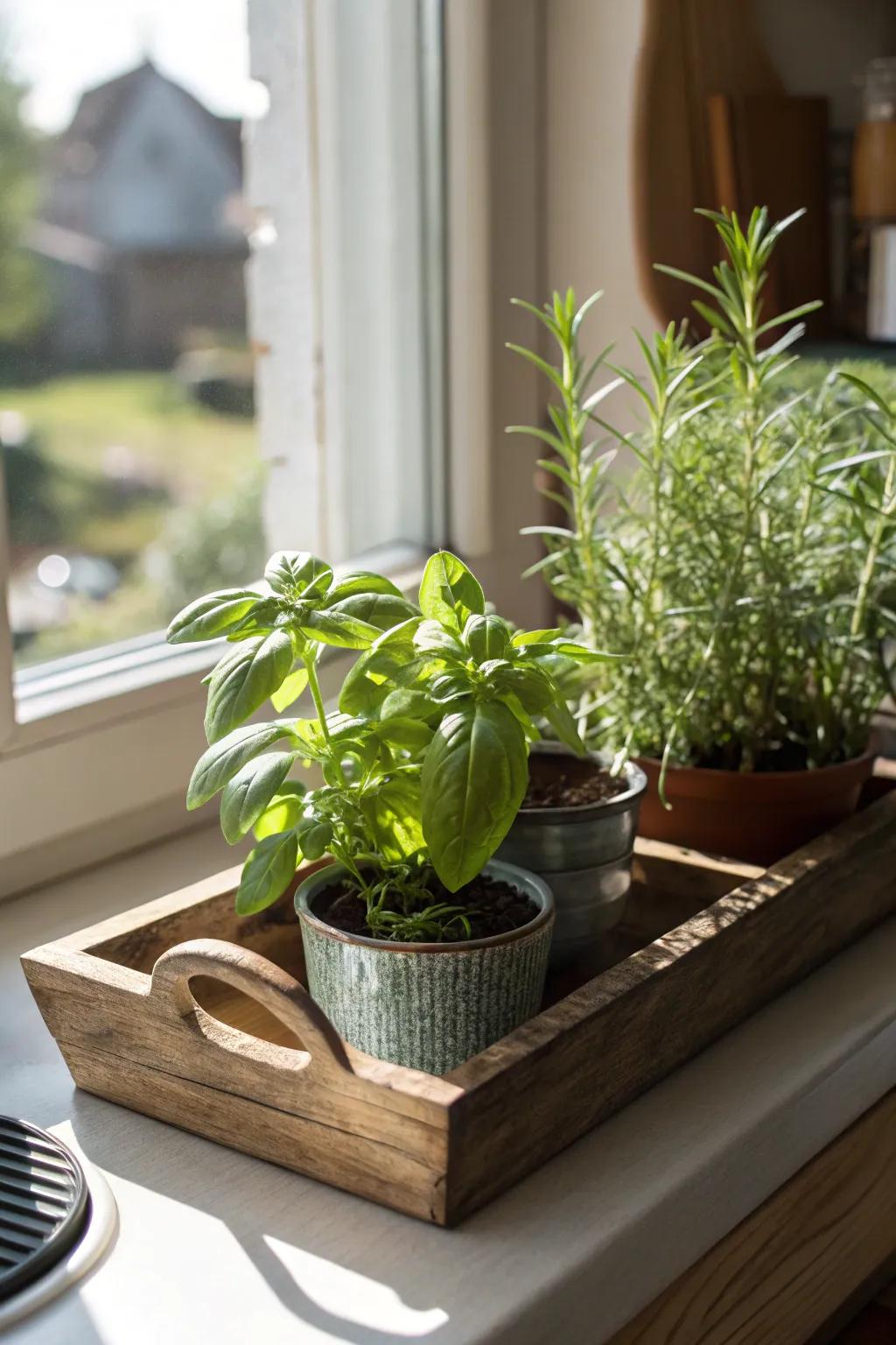 A miniature herb garden delivers invigorated flavor and scent throughout the culinary region.