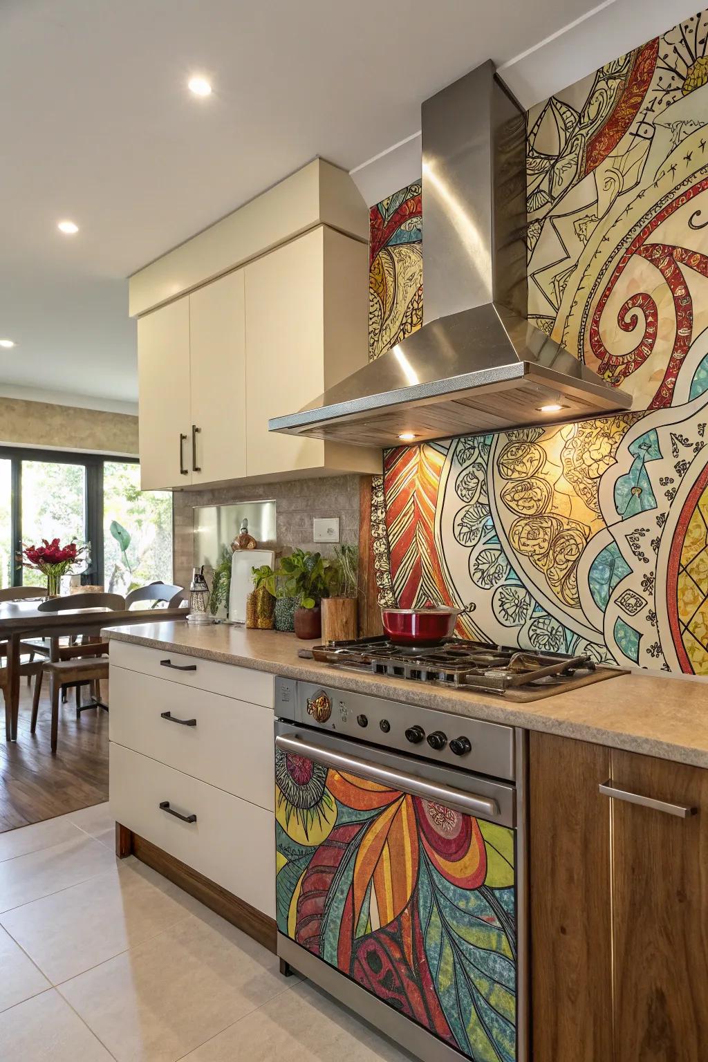 An artistic delineation in a kitchen, introducing singular style and practicality.