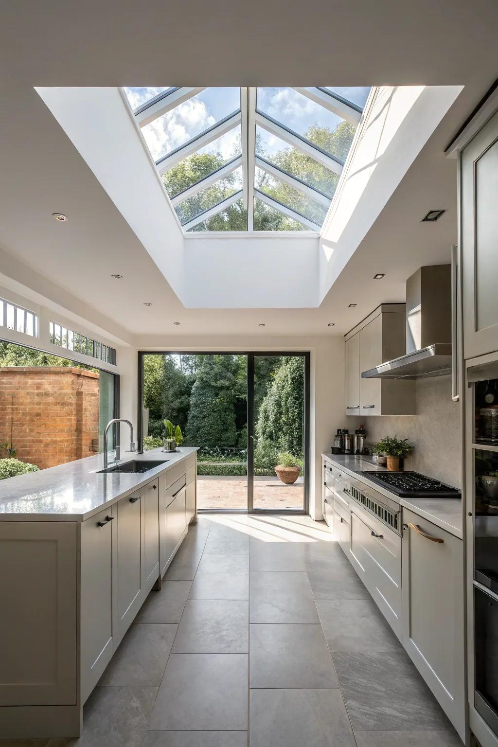 In this kitchen, a skylight operates as an arresting design feature.