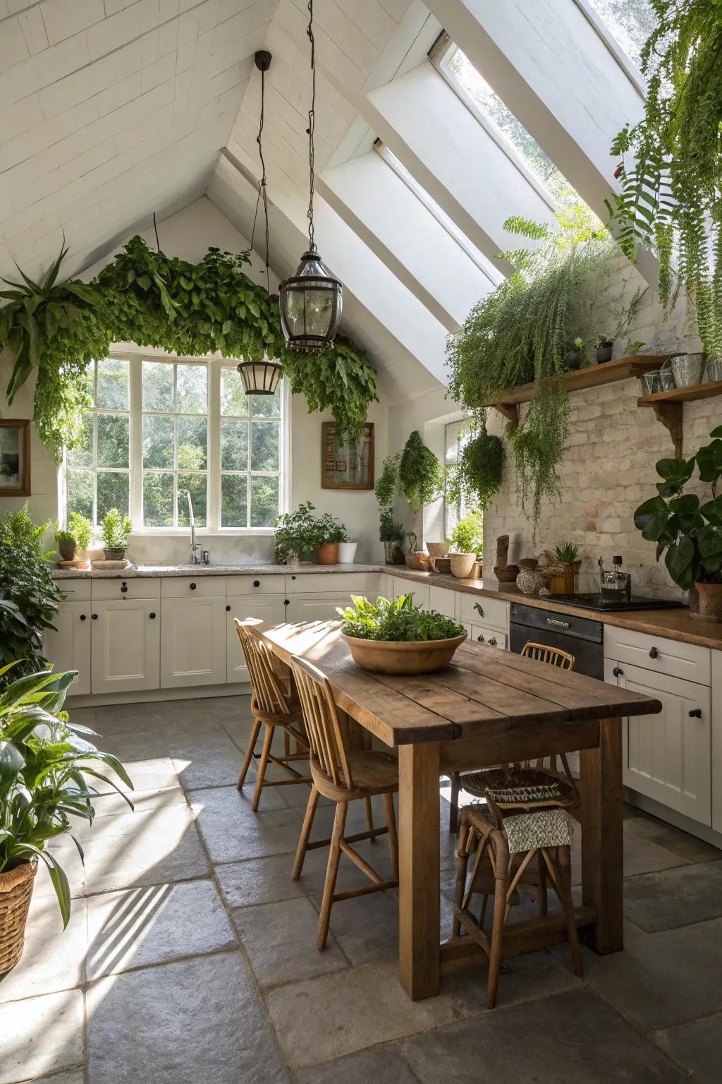 Indoor plants impart a revitalizing essence to this vaulted ceiling kitchen.