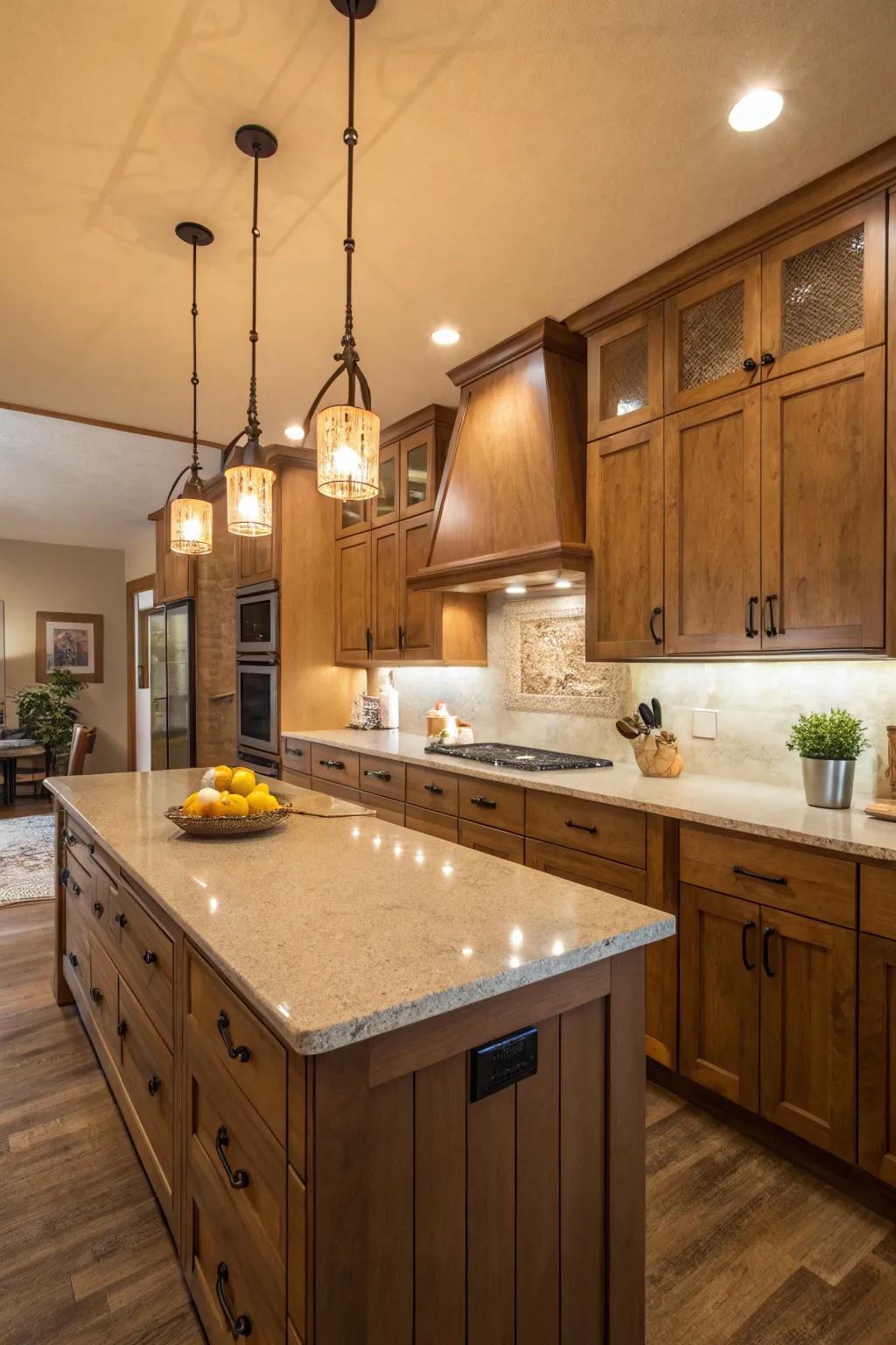 Warm-toned quartz countertops fostering an inviting ambiance.