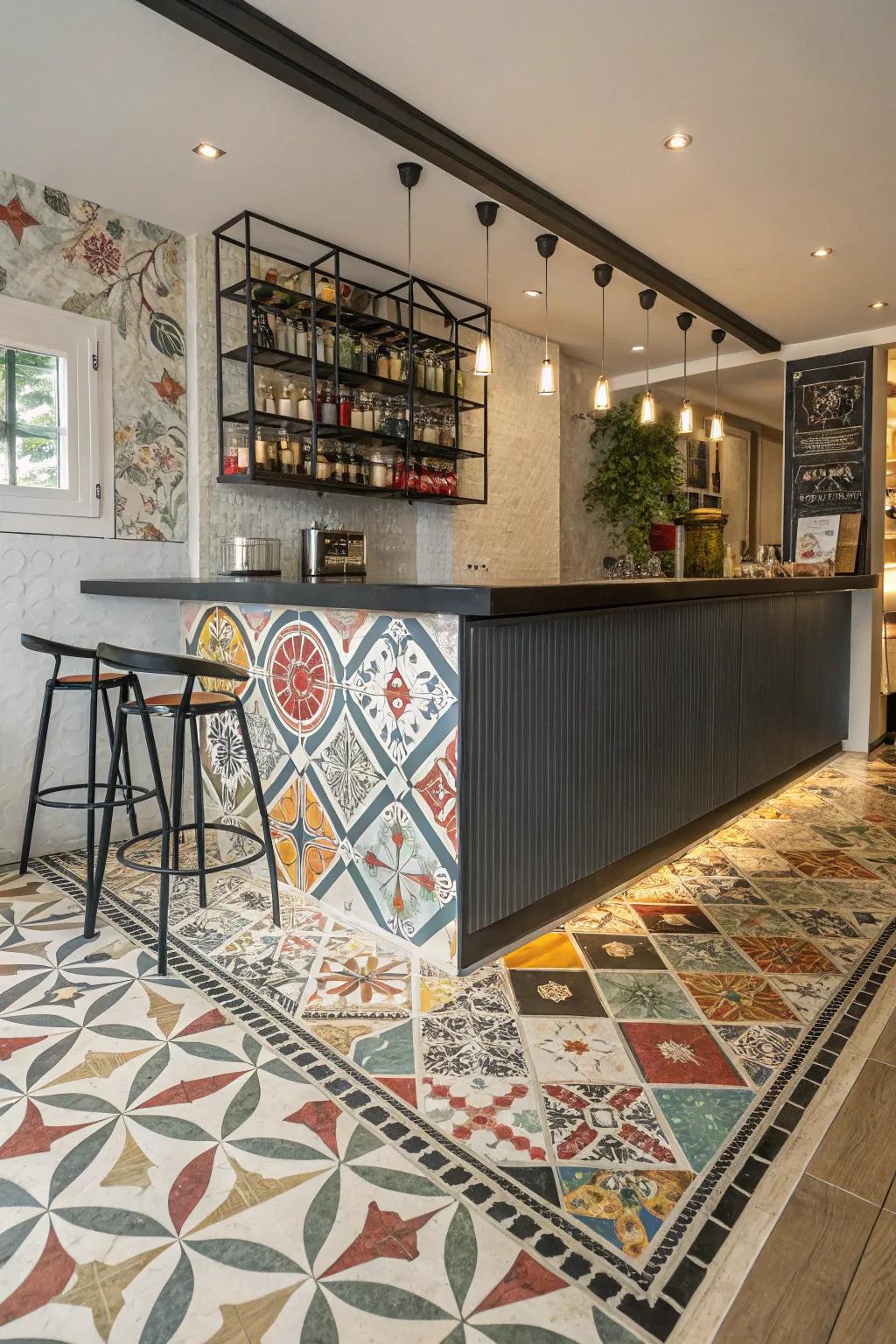 Patterned squares introduce a diverse element to this bar.