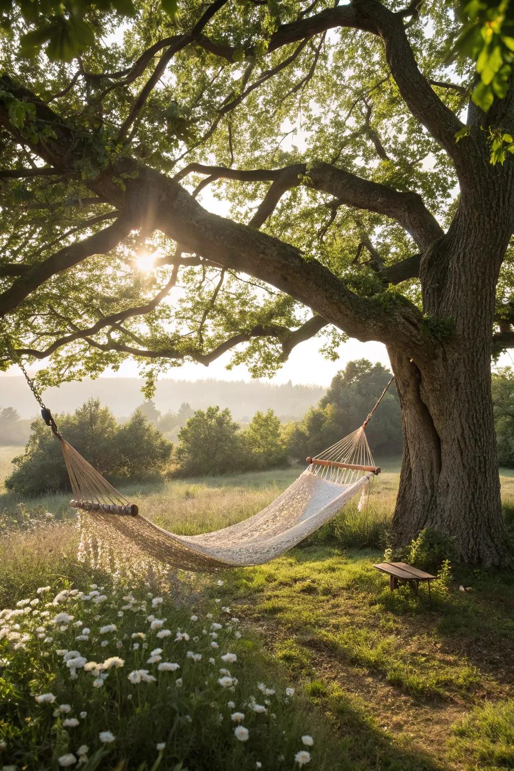 A peaceful corner under a tree embodies perfect relaxation and contemplation.