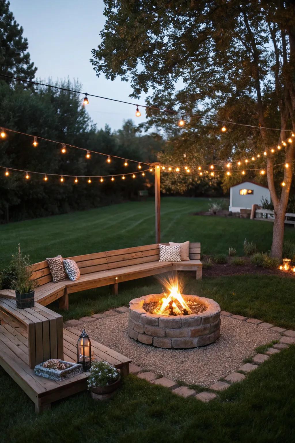 Timber seating encircling an outdoor fire forms a welcoming communal area.