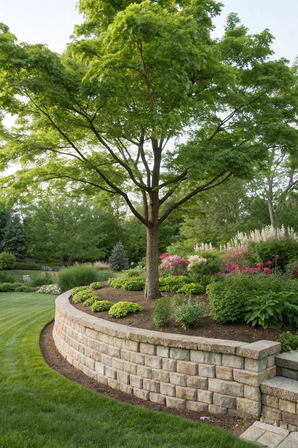 A tree accented by a retaining wall, adding structure and elegance.