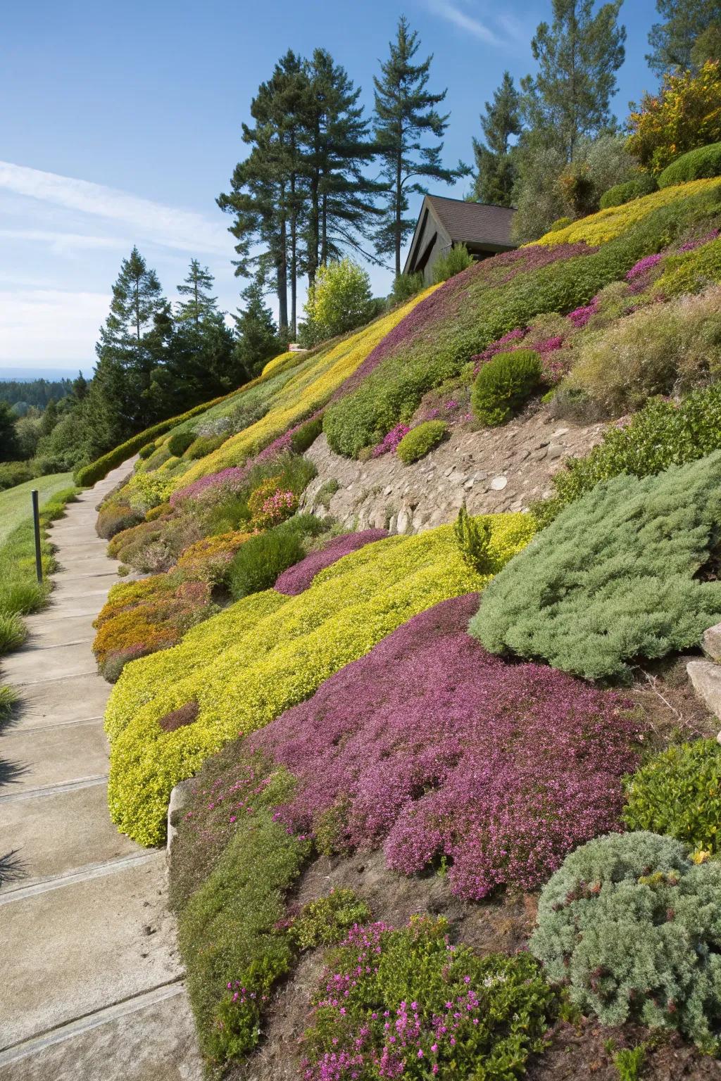 Vibrant ground covers contribute dynamism and aid in stabilizing slopes.