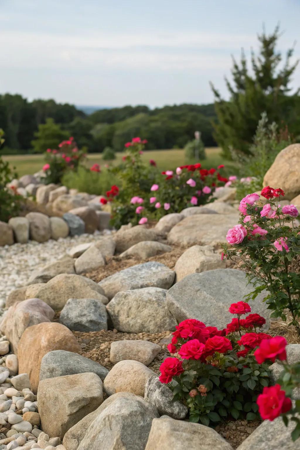 Everbloom roses add vibrant accents to rock gardens.