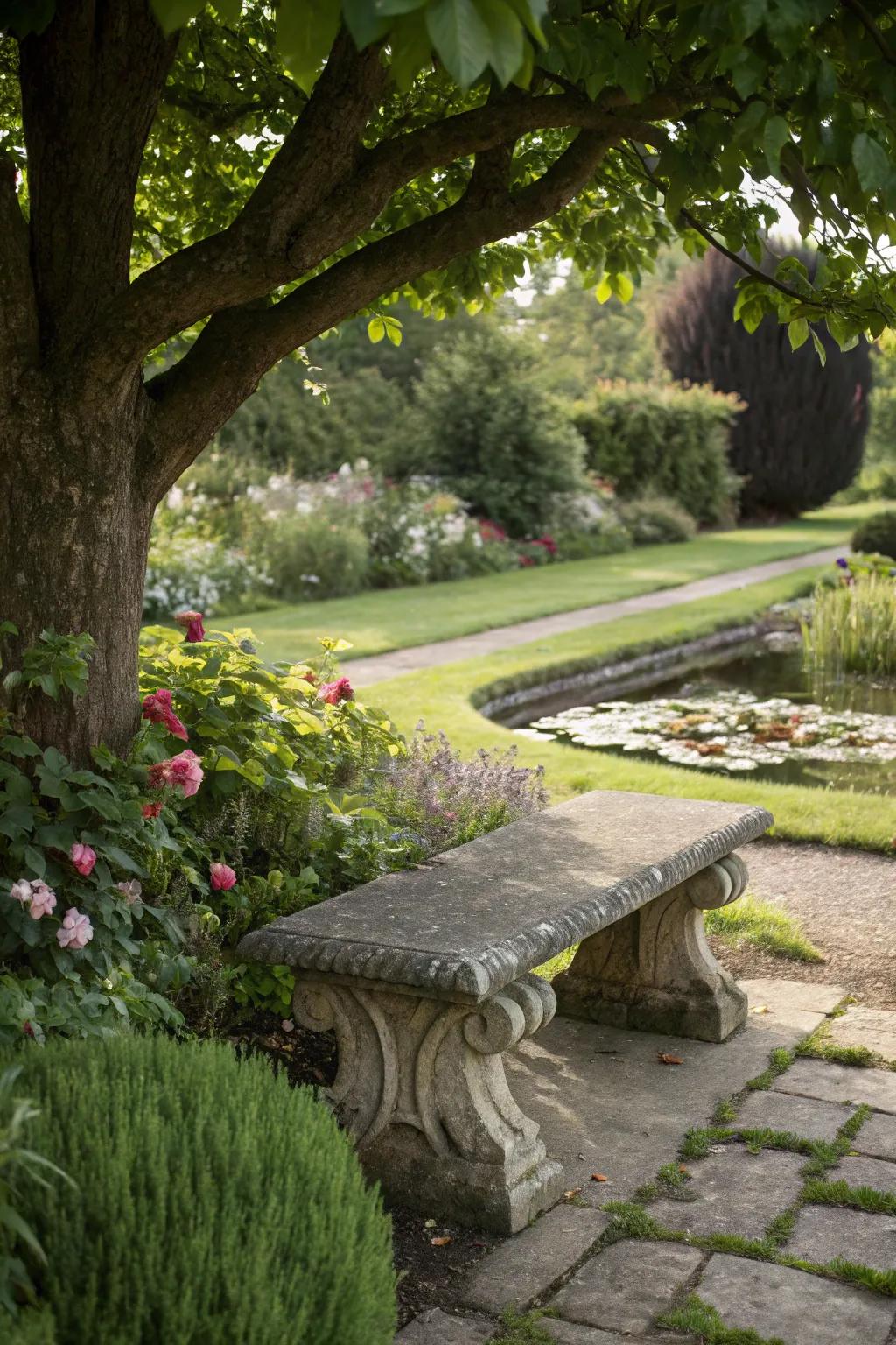 Stone benches blend style and function for garden relaxation.