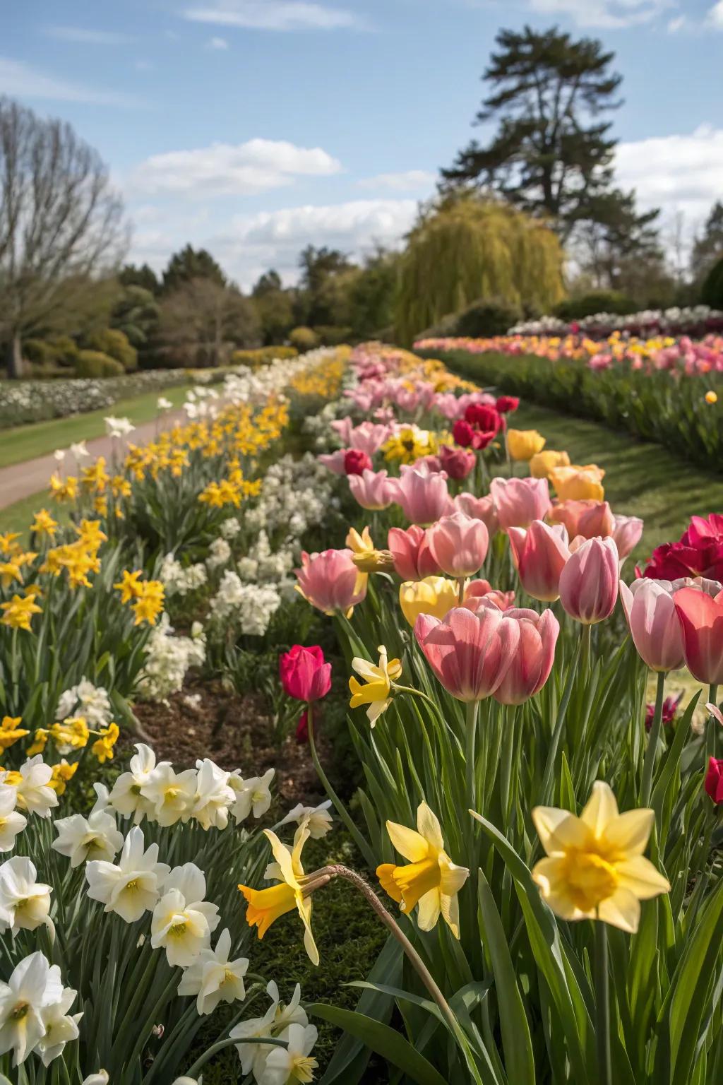 A mass sowing of tulips crafting a theatrical and vibrant garden display.