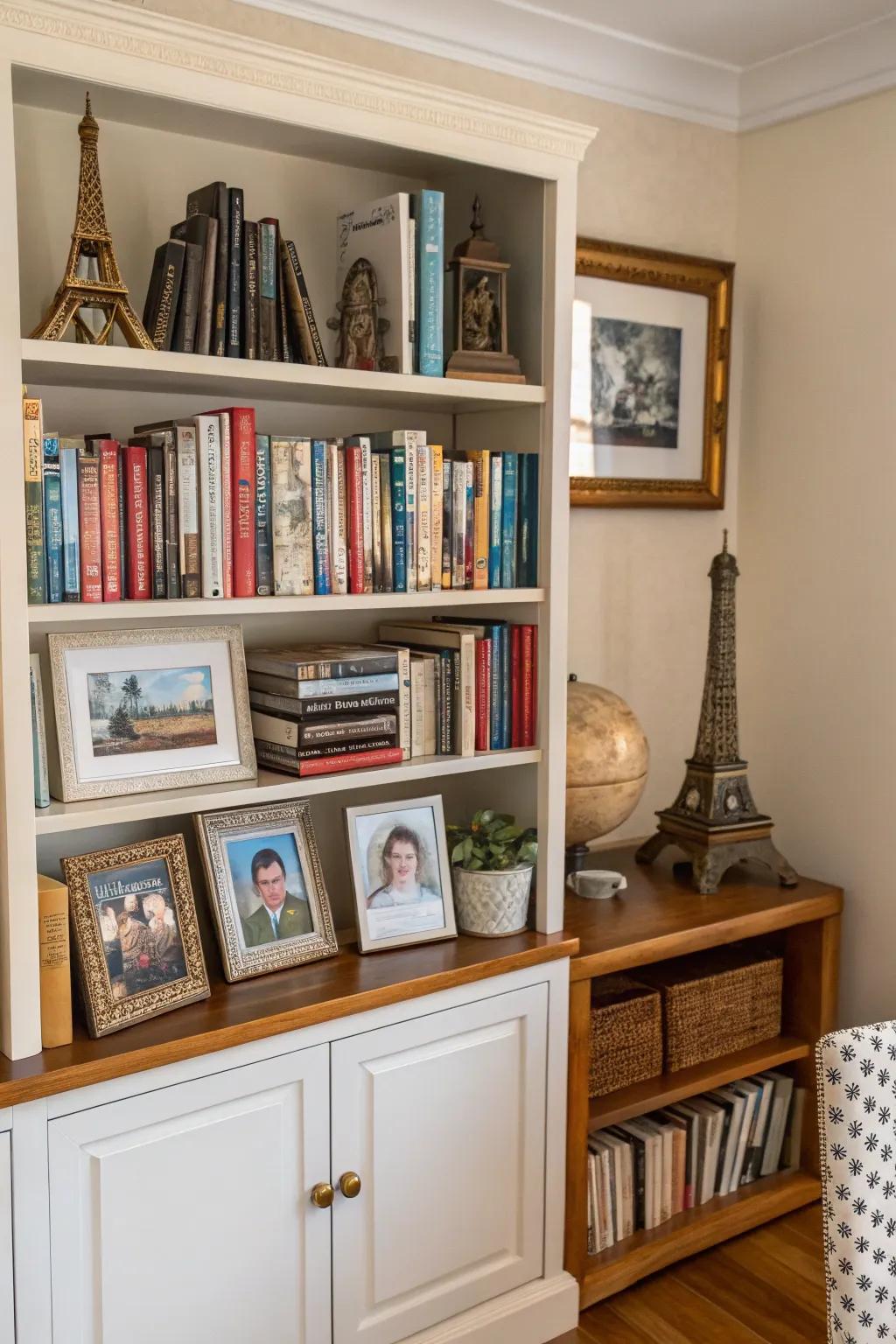 Personal articles enrich this bookshelf with stories and distinctiveness.