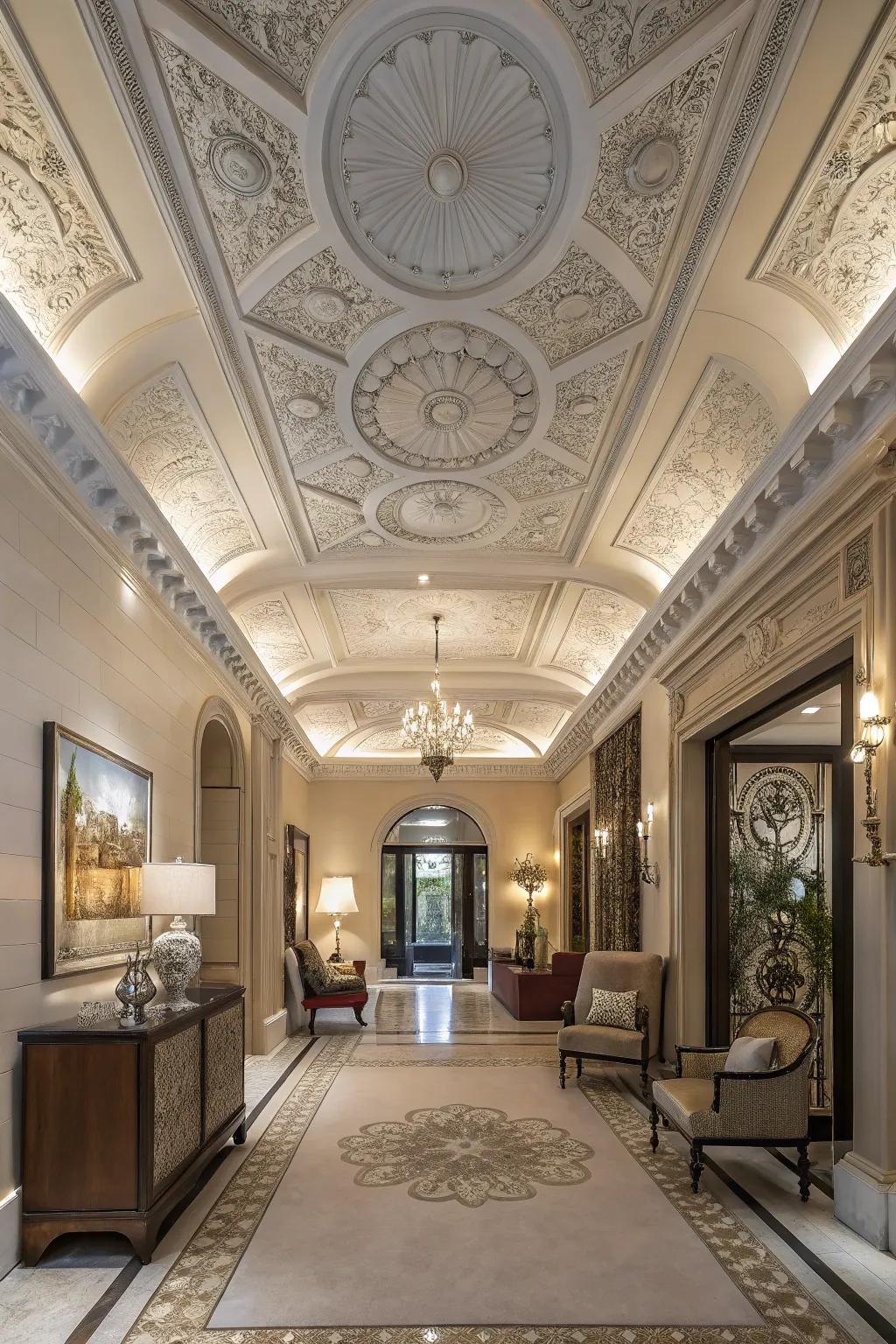 A grandiose entryway, embellished with expansive crown molding, thereby establishing a dramatic and welcoming atmosphere.