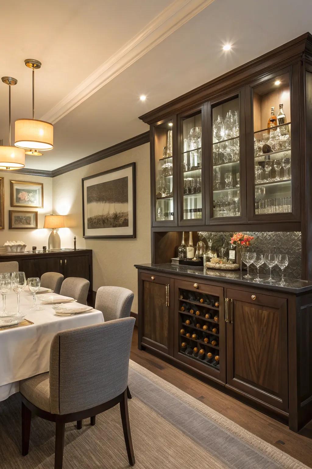 A built-in bar that enhances the dining room’s functionality and aesthetic appeal.