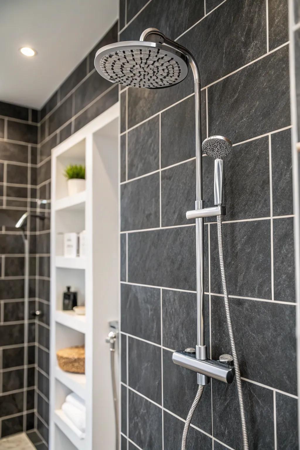 Dark tiles provide a dramatic and sophisticated look.