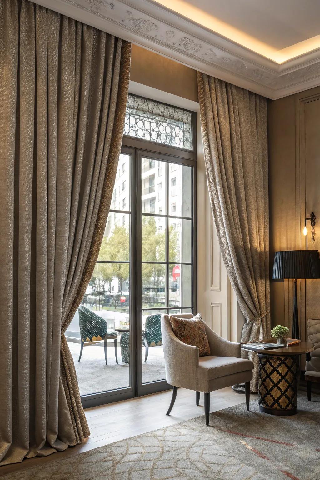 Textured curtains provide visual appeal.