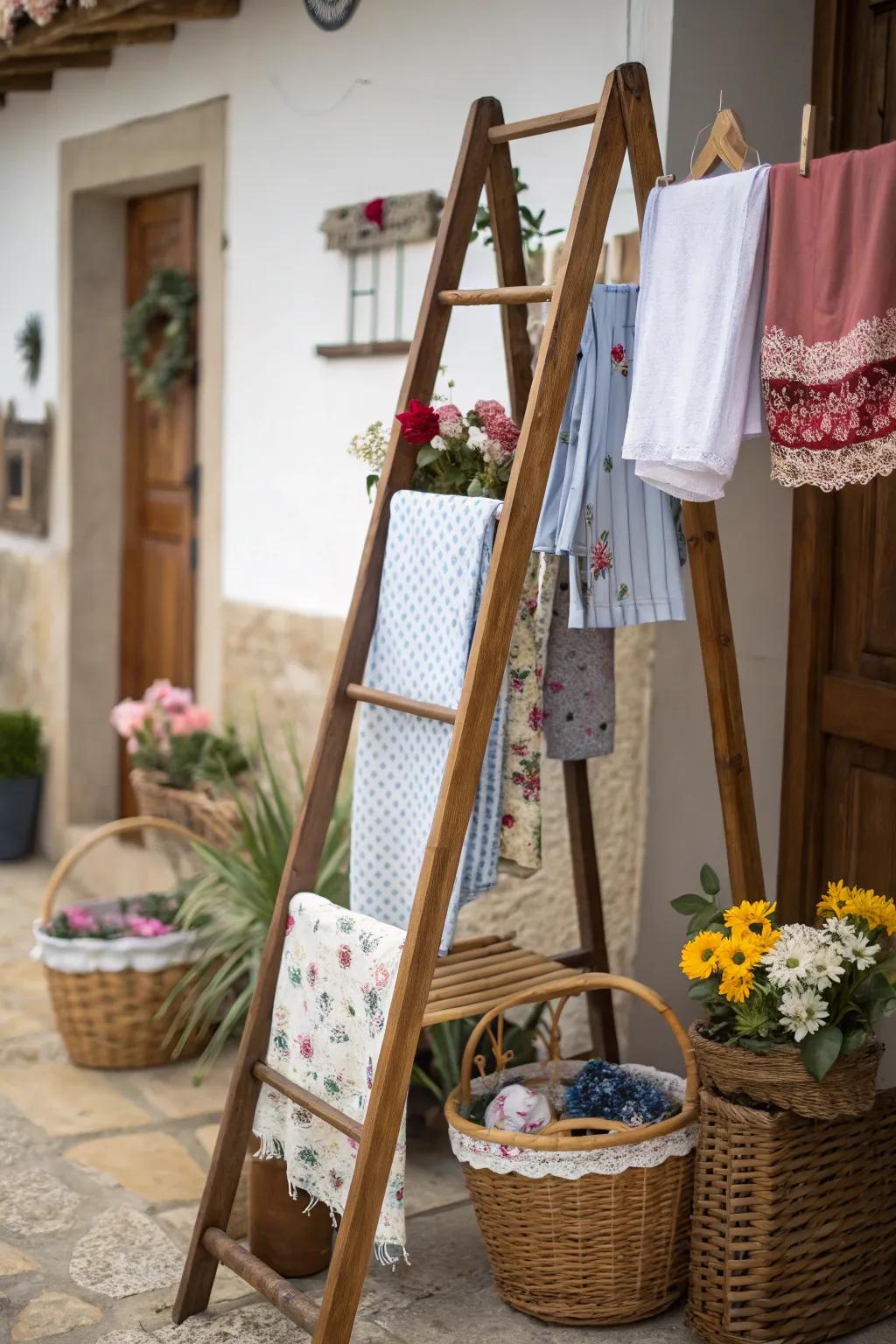 A fashionable laundry ladder that works well for hanging and decorating.