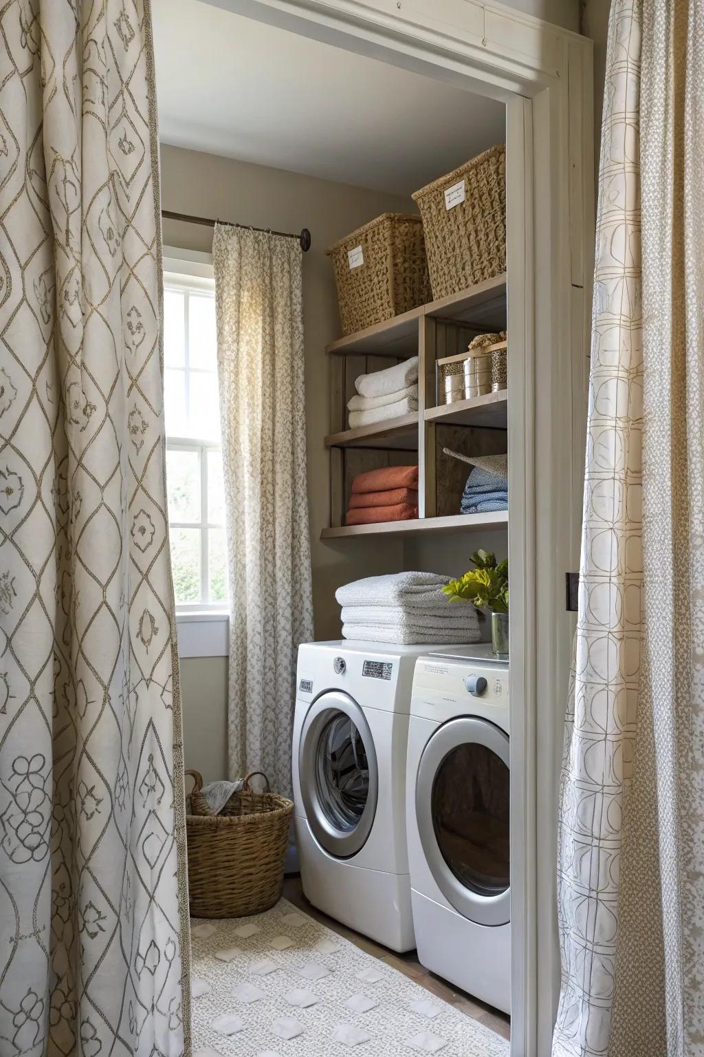 Textured drapes can add depth and interest to your laundry room.
