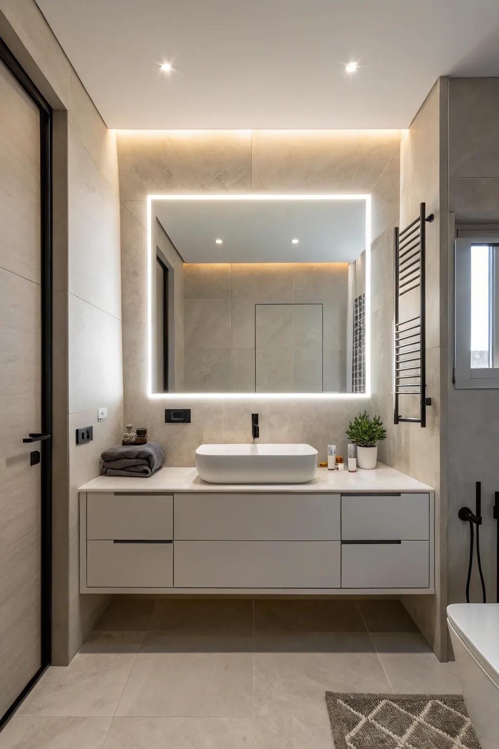 A minimalist bathroom featuring a frameless LED mirror, which highlights the concept of simplicity.