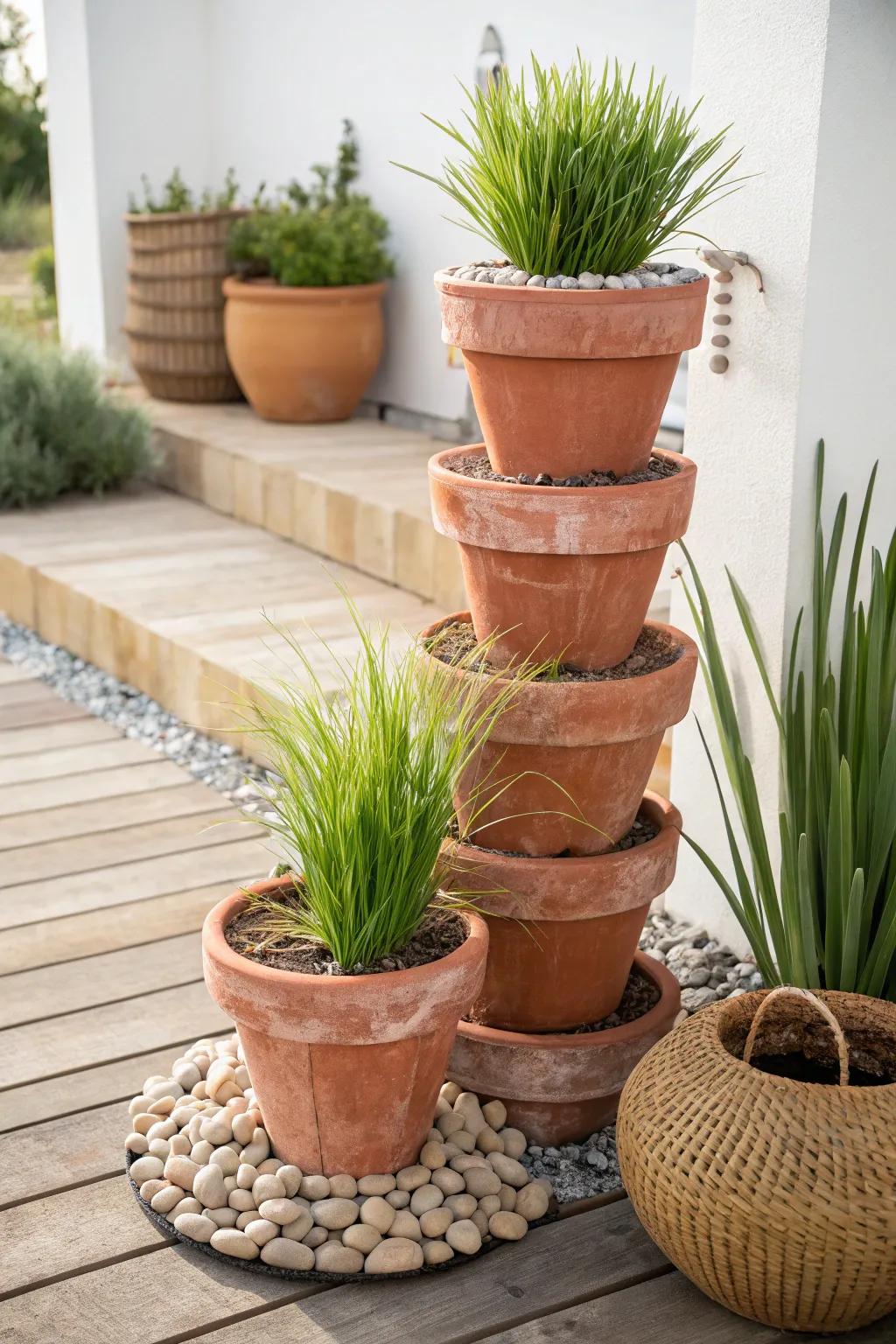 Enhance your garden through Earthenware Stacking Arrangements, a minimalist's vision blending with Boho accents.