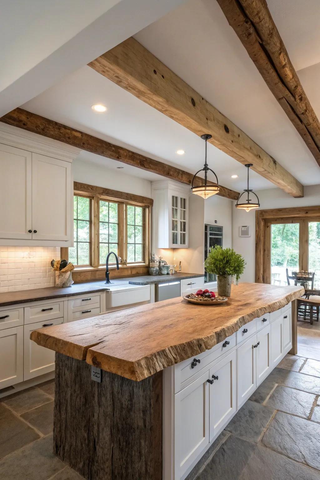 A live edge countertop emphasizing architectural elements in a kitchen.