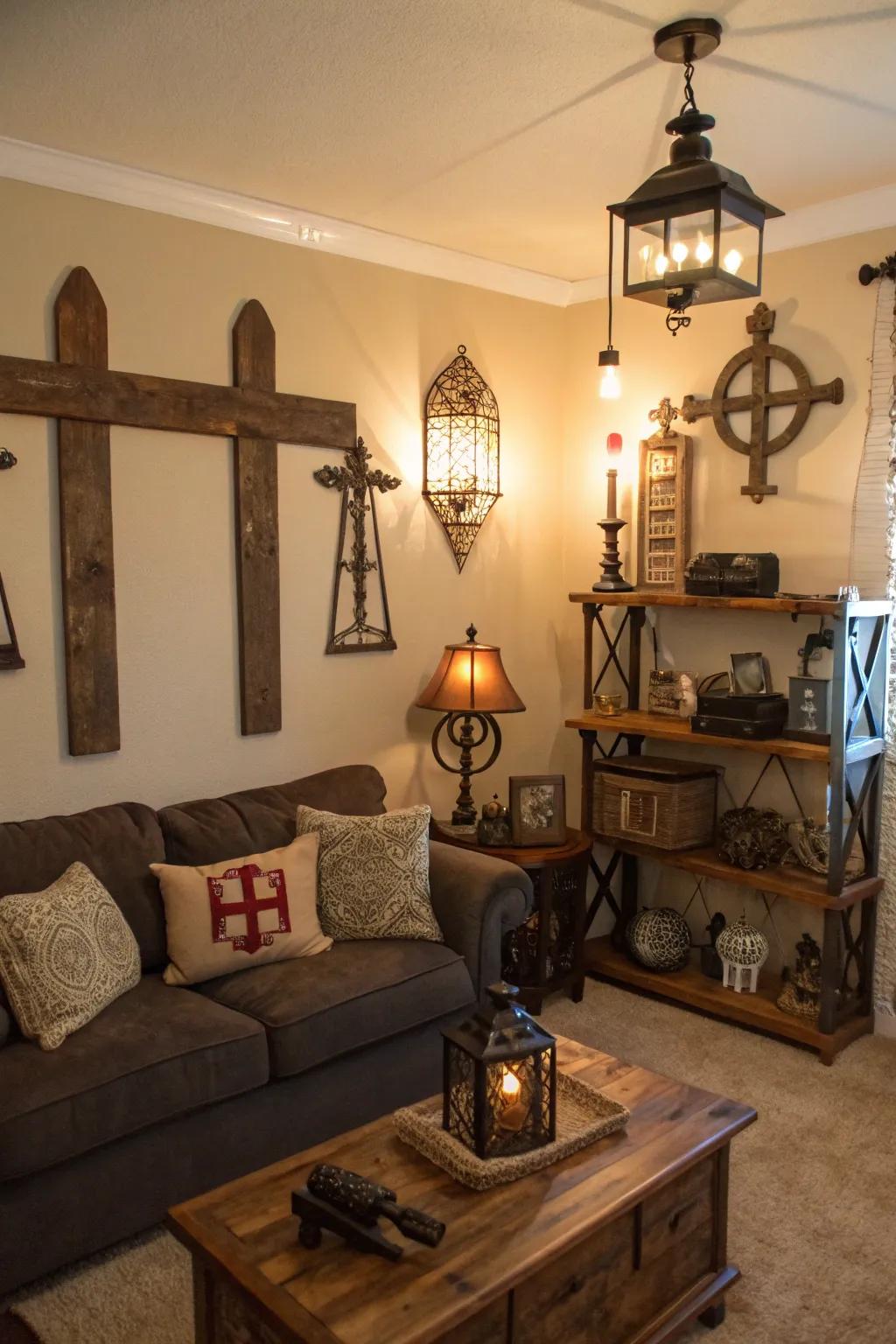 Cross-accents convey intrigue and character to the decor.