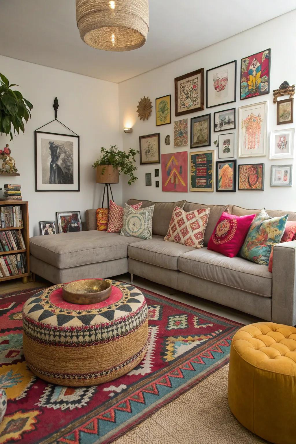 Eclectic decor around a sectional conveys a unique style.