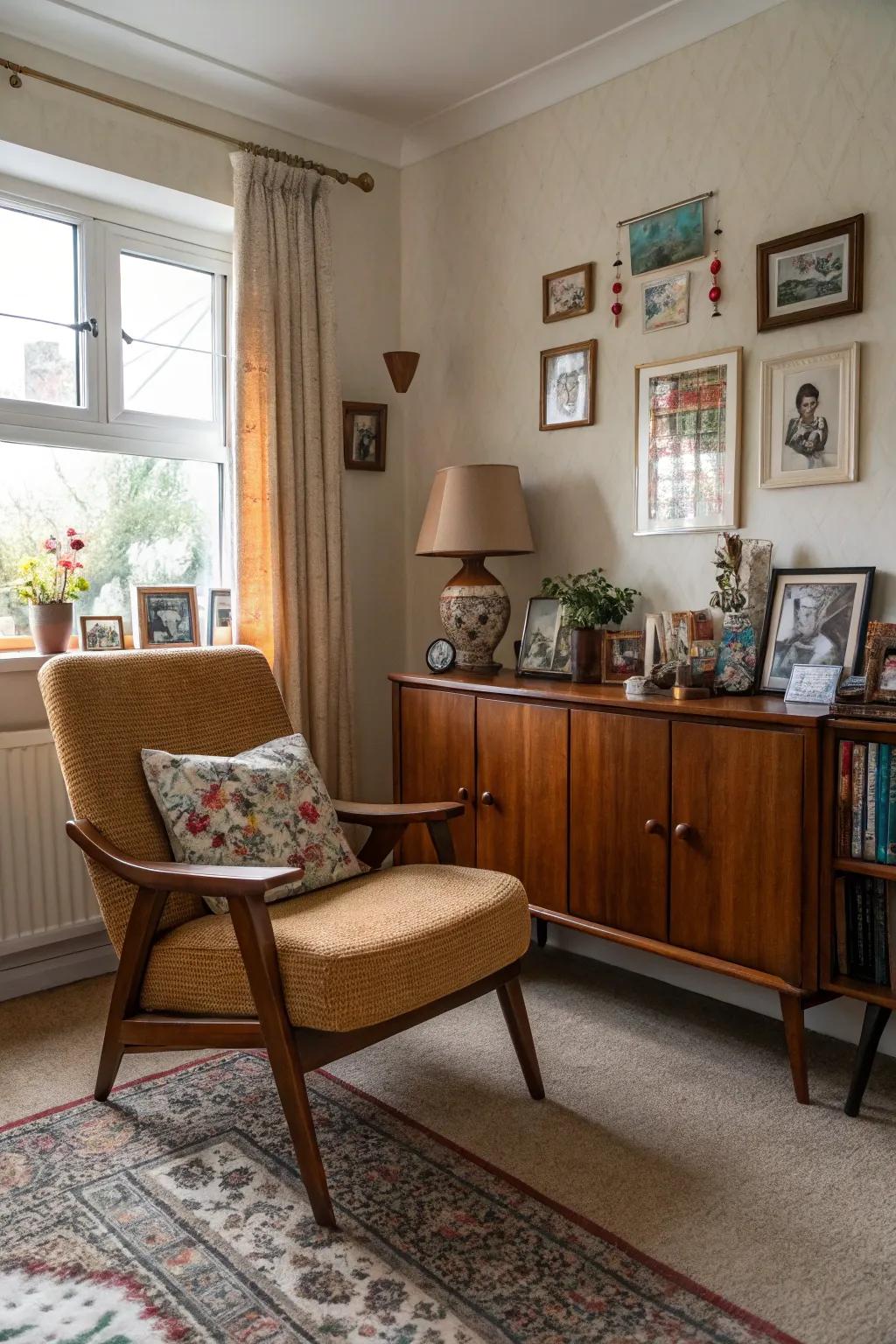 Retro furnishings introduce a sentimental touch to a modern family room.