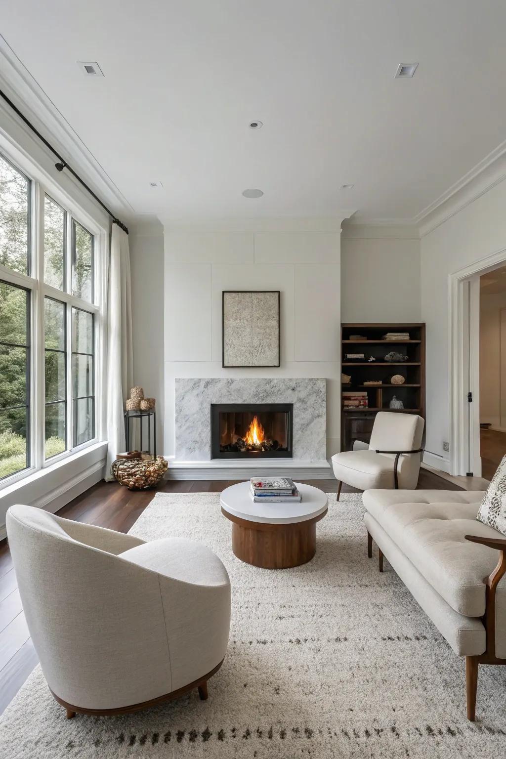 A minimalist living space that has a sleek hearth as the centerpiece.
