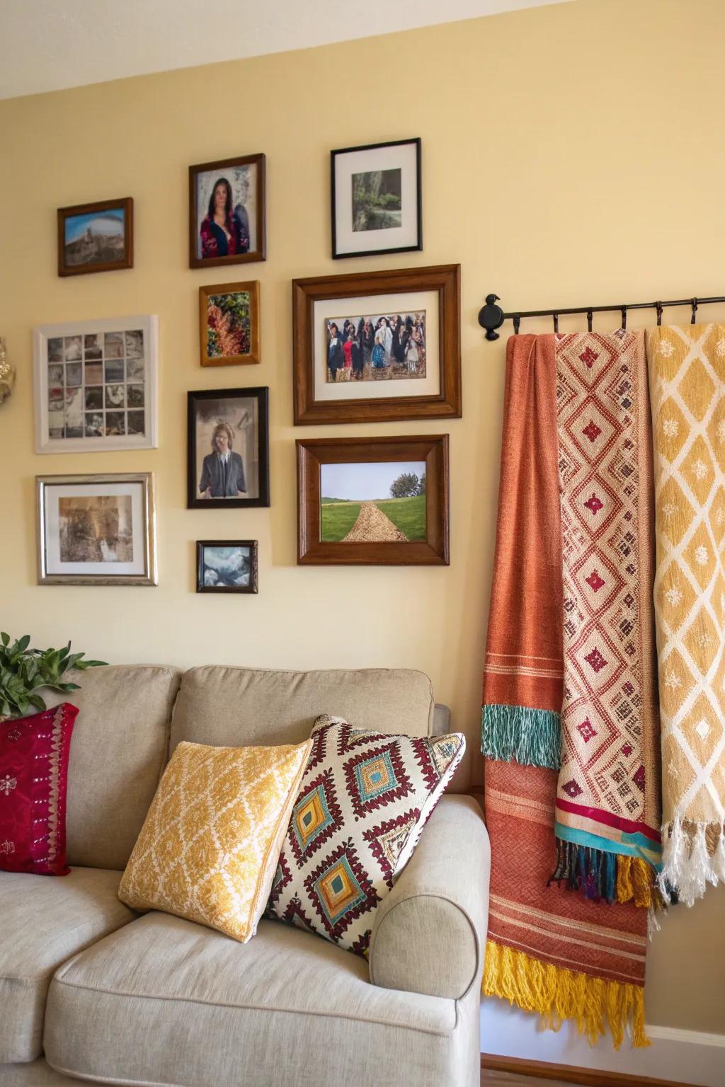 Incorporate textiles for a warm and textured photo display.