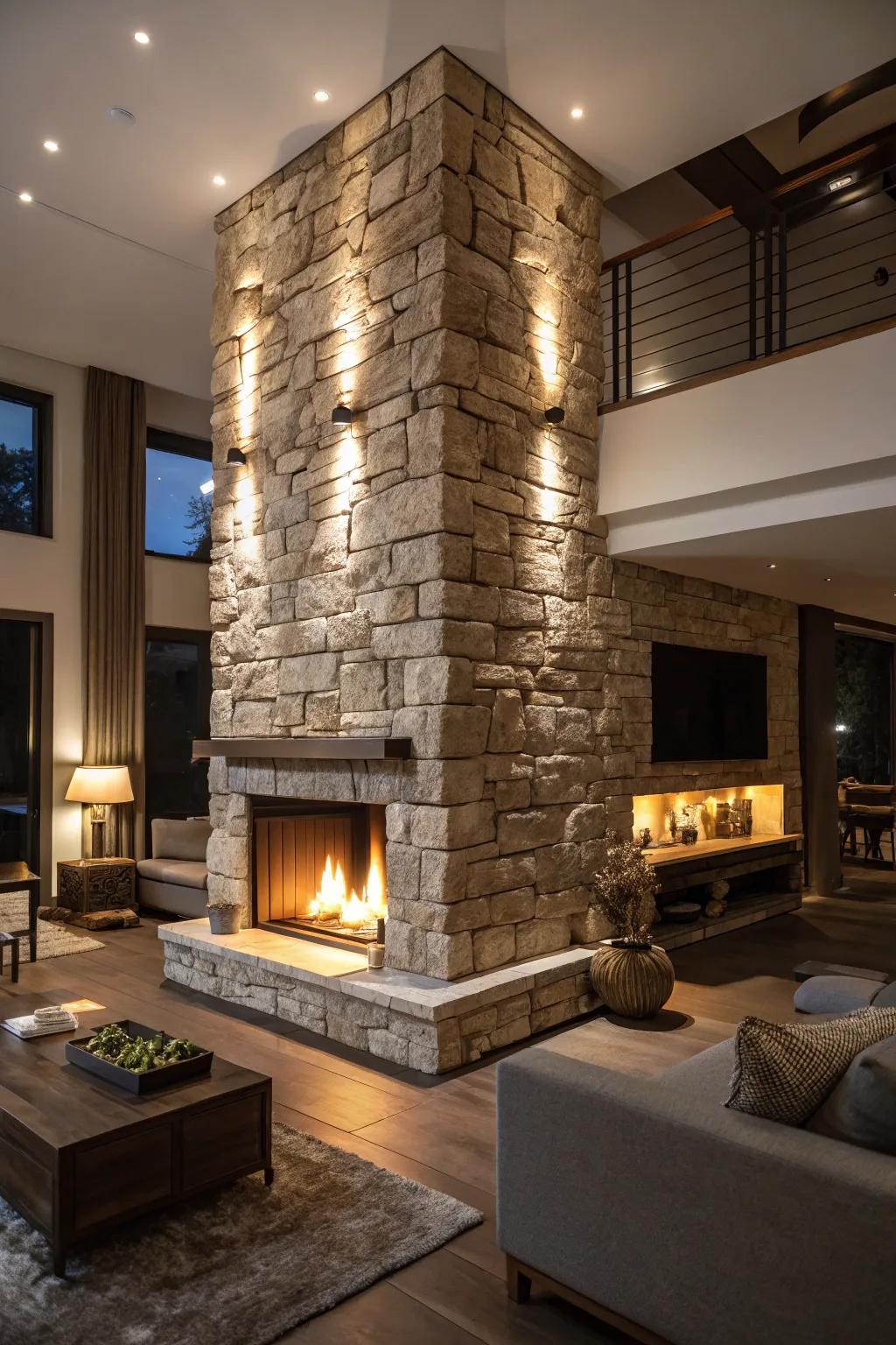 Impressive lighting brings out the unique textures of your stone fireplace.